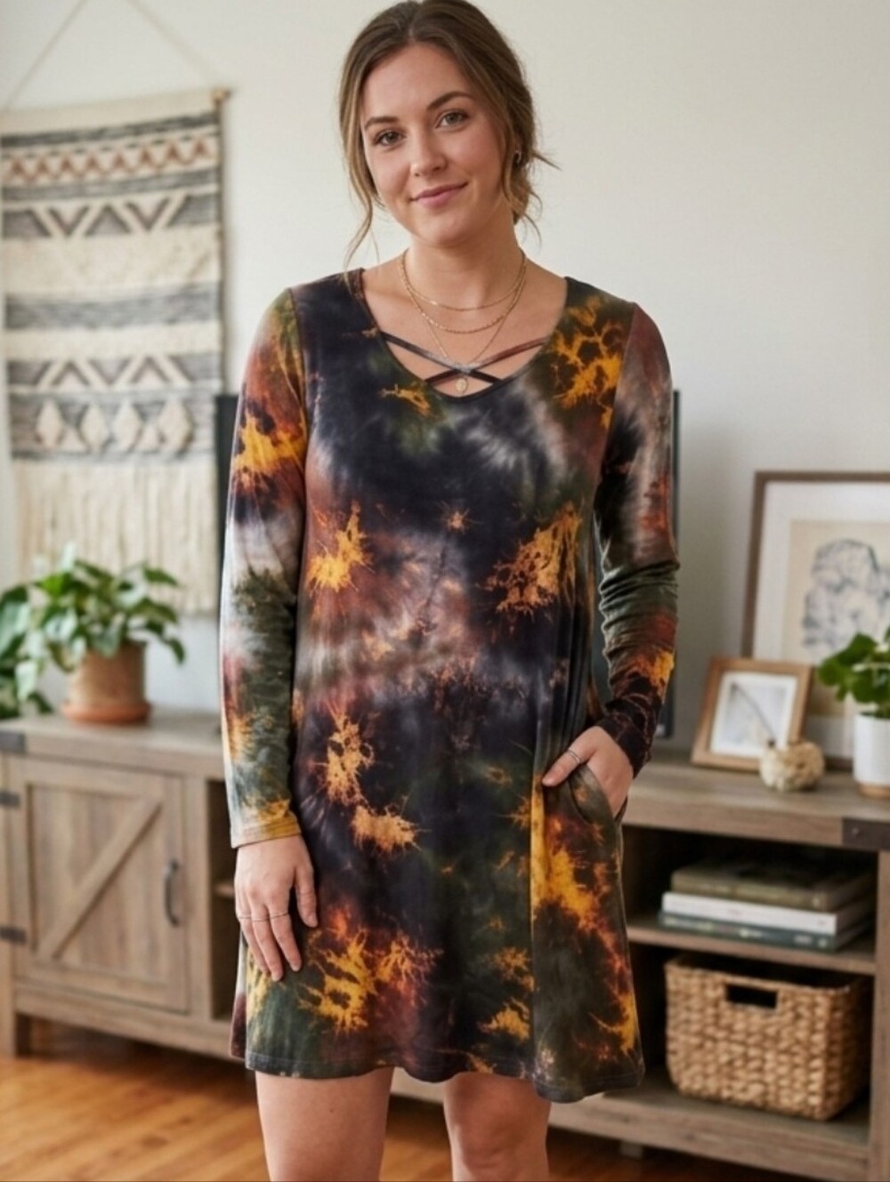 Simply Southern Tie Dye Long Sleeve dress with Pockets, Size S